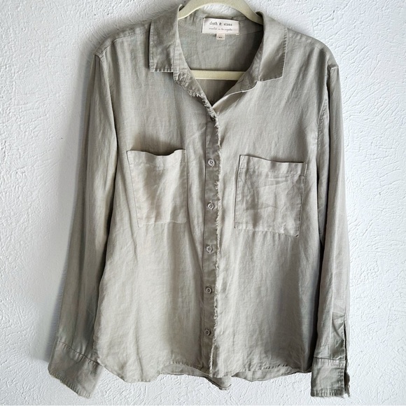 Cloth & Stone Linen Button Down Top Frayed Sz XL Gray Green - Picture 1 of 5